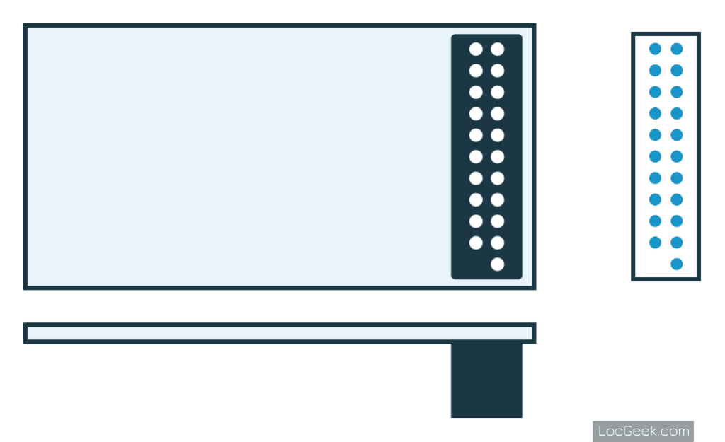 Diagram of the 21MTC interface: decoder with a 2-row socket, and the matching 2-row pin header on the locomotive side