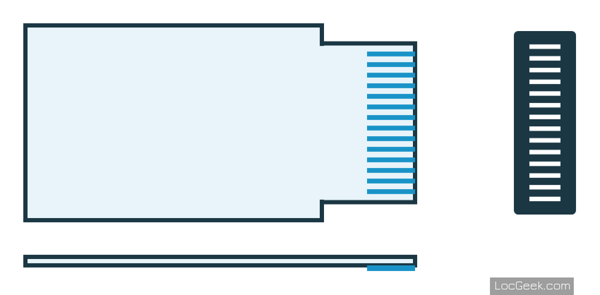 Diagram of the mTc14 interface: decoder with a flat 14-contact edge, and the matching flat connector on the locomotive side