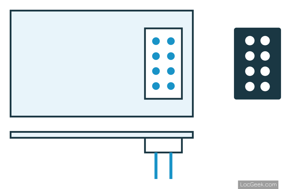 Diagram of the NEM 652 interface: decoder with an 8-pin plug in two rows of 4, and the matching 8-hole socket on the locomotive side